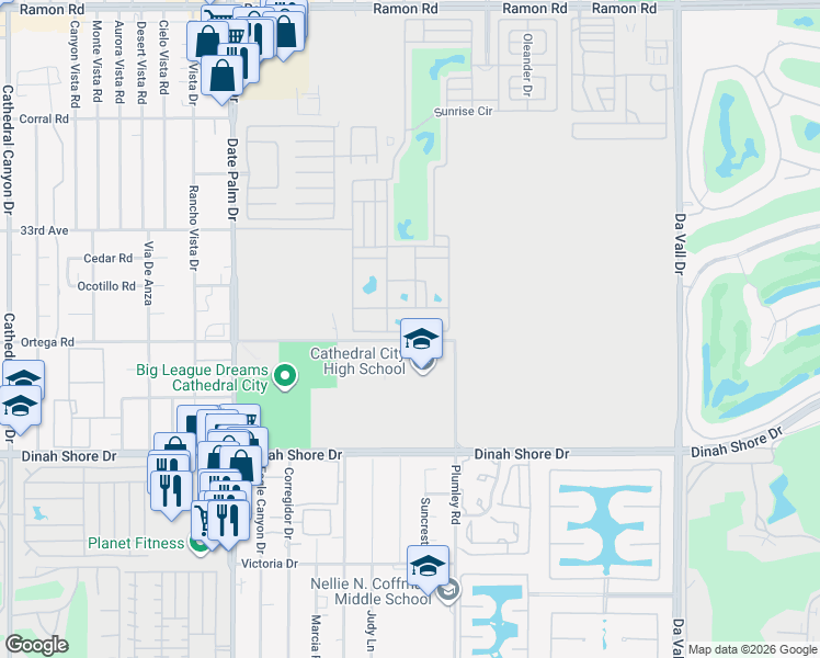 map of restaurants, bars, coffee shops, grocery stores, and more near Ficus Drive in Cathedral City