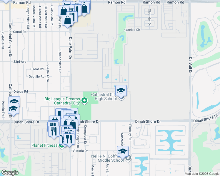 map of restaurants, bars, coffee shops, grocery stores, and more near Ficus Drive in Cathedral City