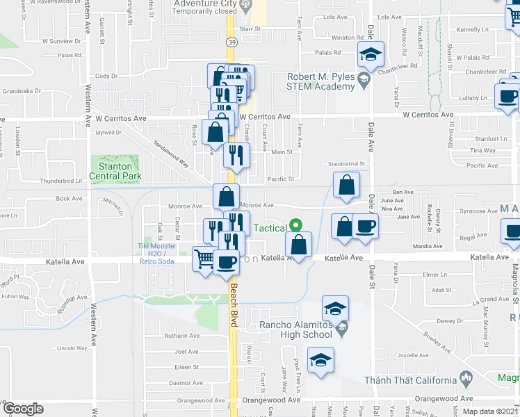 map of restaurants, bars, coffee shops, grocery stores, and more near 8112 Monroe Avenue in Stanton