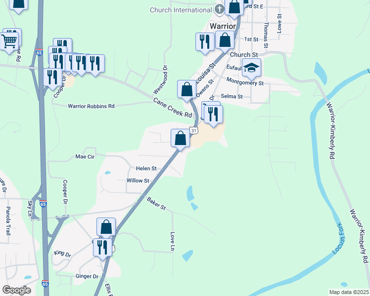 map of restaurants, bars, coffee shops, grocery stores, and more near 506 U.S. 31 in Warrior