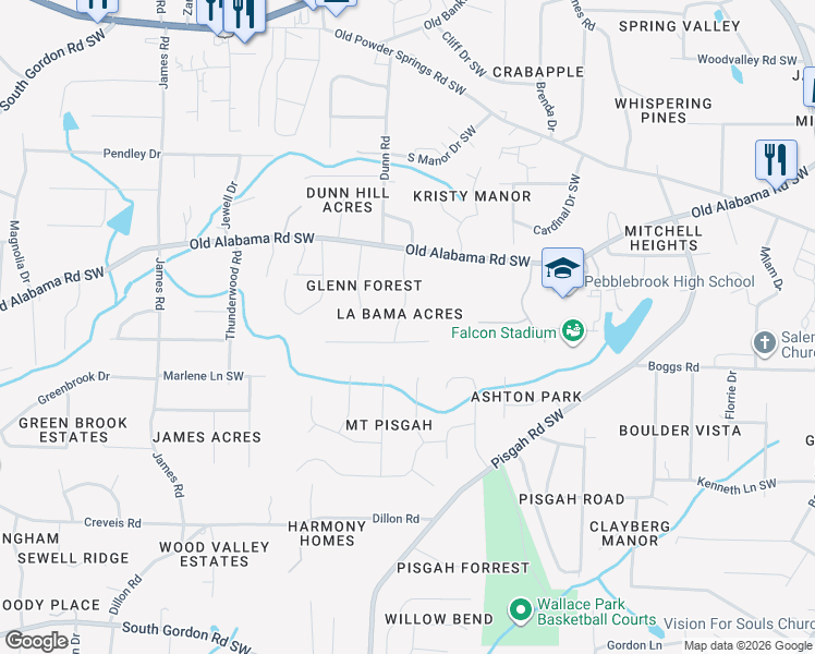 map of restaurants, bars, coffee shops, grocery stores, and more near 6099 Labama Drive in Mableton