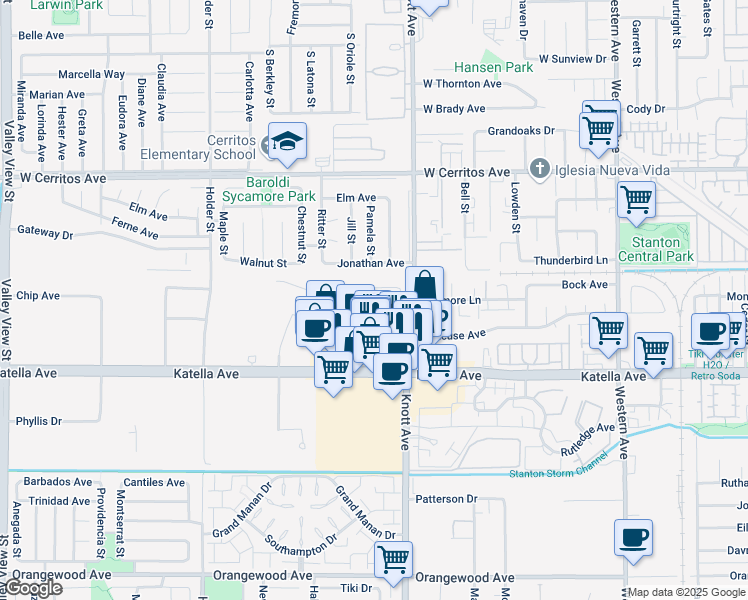 map of restaurants, bars, coffee shops, grocery stores, and more near 10791 Via Jardin in Stanton