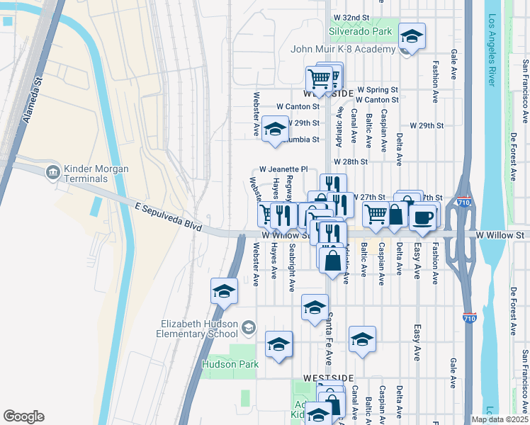 map of restaurants, bars, coffee shops, grocery stores, and more near 2642 Webster Ave in Long Beach