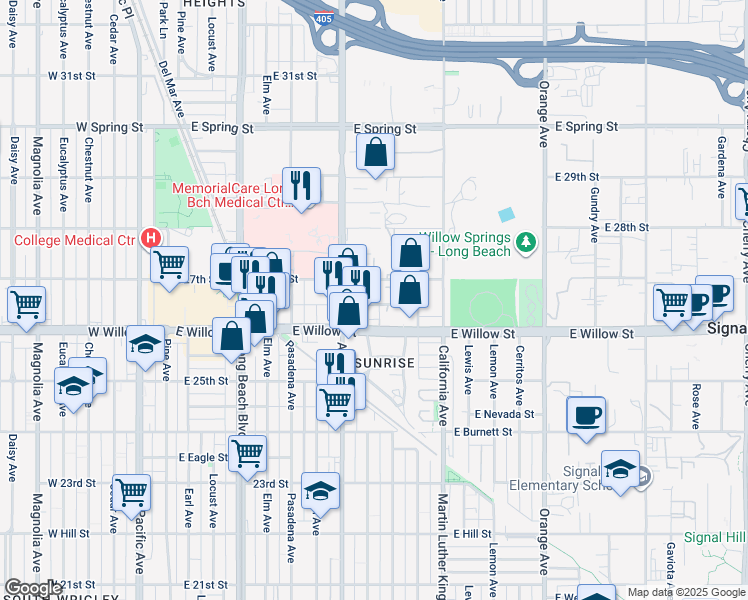 map of restaurants, bars, coffee shops, grocery stores, and more near 707 East Walton Street in Signal Hill