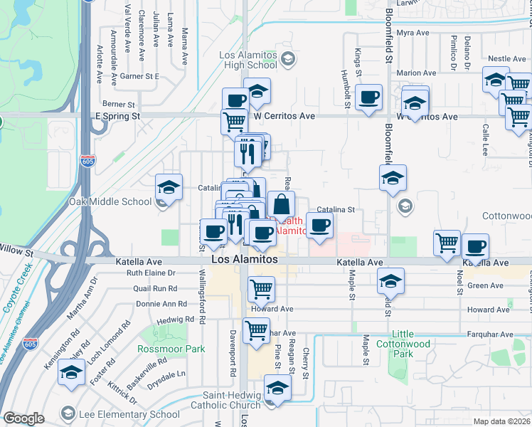 map of restaurants, bars, coffee shops, grocery stores, and more near 10821 Pine Street in Los Alamitos