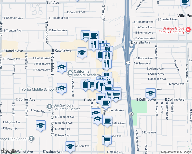map of restaurants, bars, coffee shops, grocery stores, and more near 1544 East Quincy Avenue in Orange