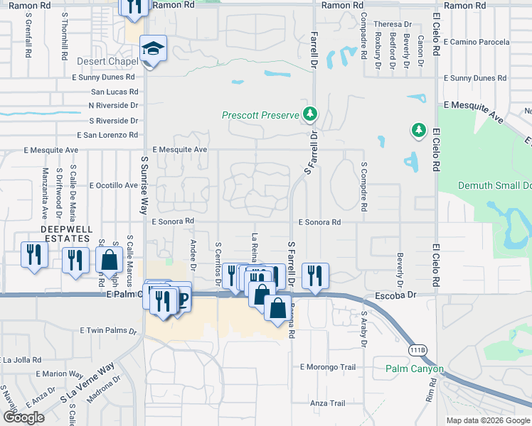 map of restaurants, bars, coffee shops, grocery stores, and more near 2365 Oakcrest Drive in Palm Springs