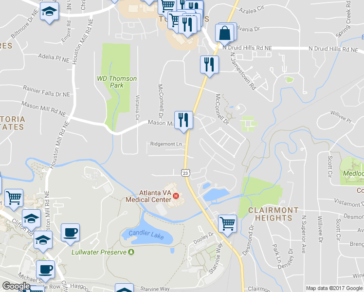 map of restaurants, bars, coffee shops, grocery stores, and more near 1943 Ridgemont Lane in Decatur