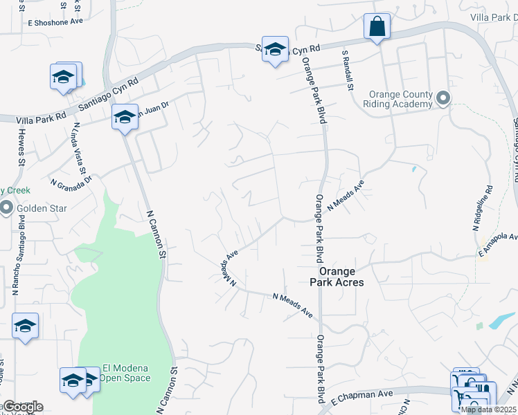 map of restaurants, bars, coffee shops, grocery stores, and more near 10845 North Meads Avenue in Orange