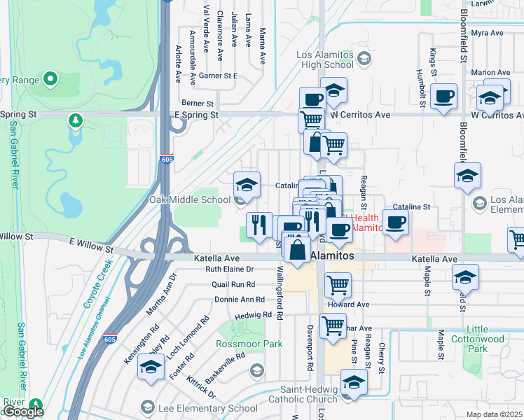 map of restaurants, bars, coffee shops, grocery stores, and more near 10824 Oak Street in Los Alamitos