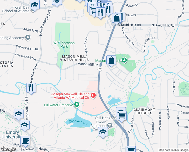 map of restaurants, bars, coffee shops, grocery stores, and more near 1917 Ridgemont Lane in Decatur