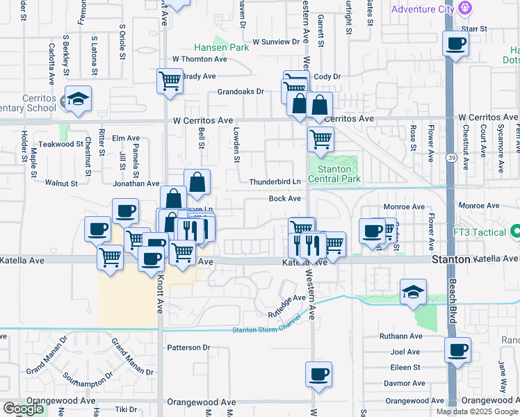 map of restaurants, bars, coffee shops, grocery stores, and more near 10820 Hamden Avenue in Stanton