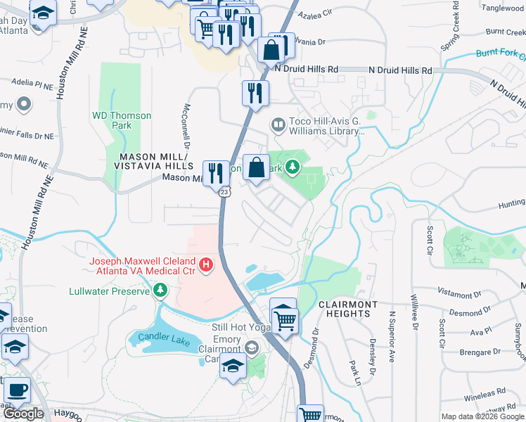 map of restaurants, bars, coffee shops, grocery stores, and more near 1999 Mason Mill Road in Decatur