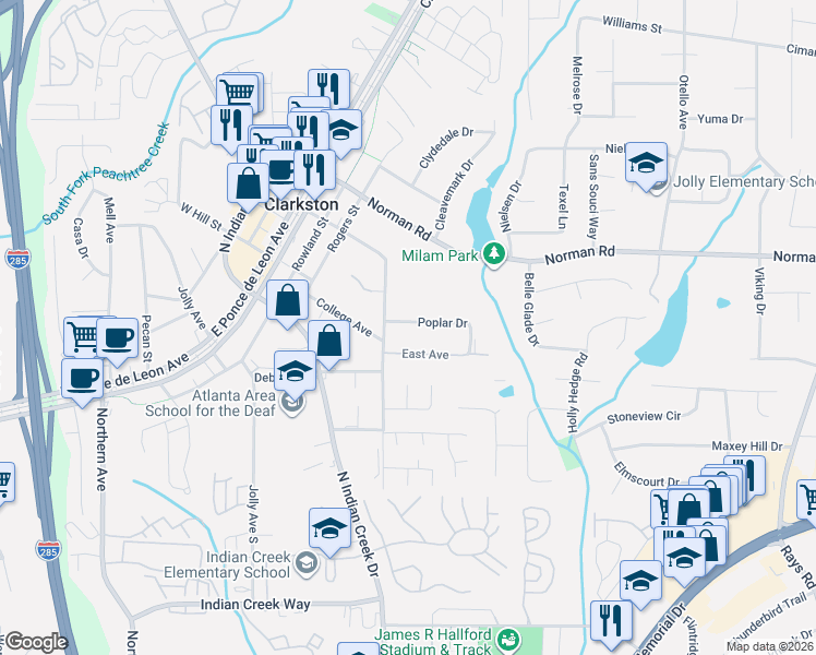 map of restaurants, bars, coffee shops, grocery stores, and more near 3749 Poplar Drive in Clarkston