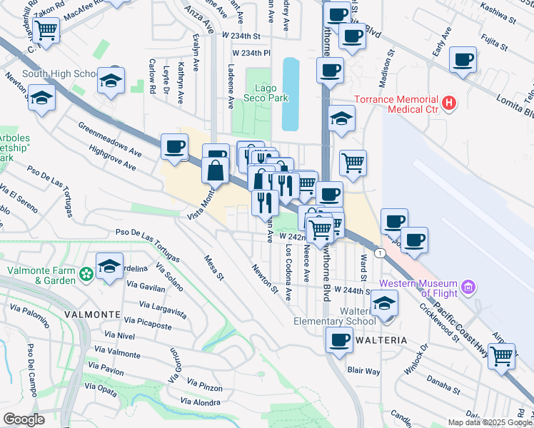 map of restaurants, bars, coffee shops, grocery stores, and more near 24053 Ocean Avenue in Torrance