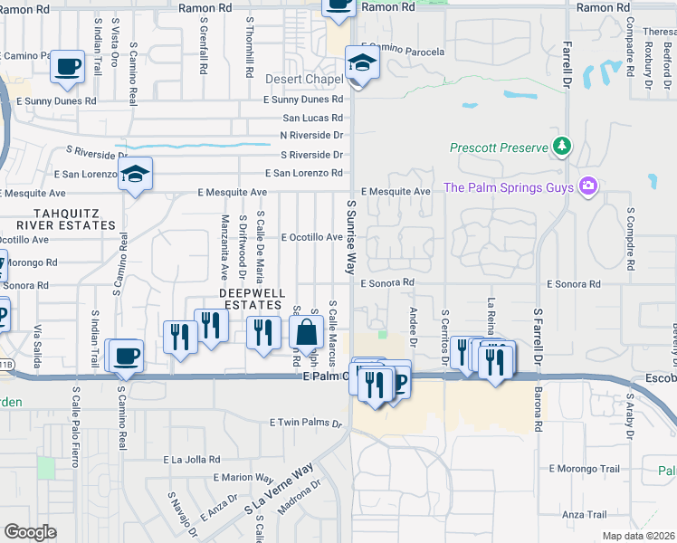 map of restaurants, bars, coffee shops, grocery stores, and more near in Palm Springs