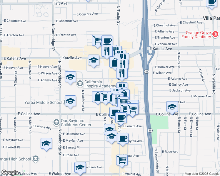 map of restaurants, bars, coffee shops, grocery stores, and more near 1544 East Quincy Avenue in Orange