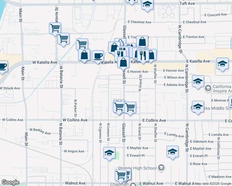 map of restaurants, bars, coffee shops, grocery stores, and more near in Orange