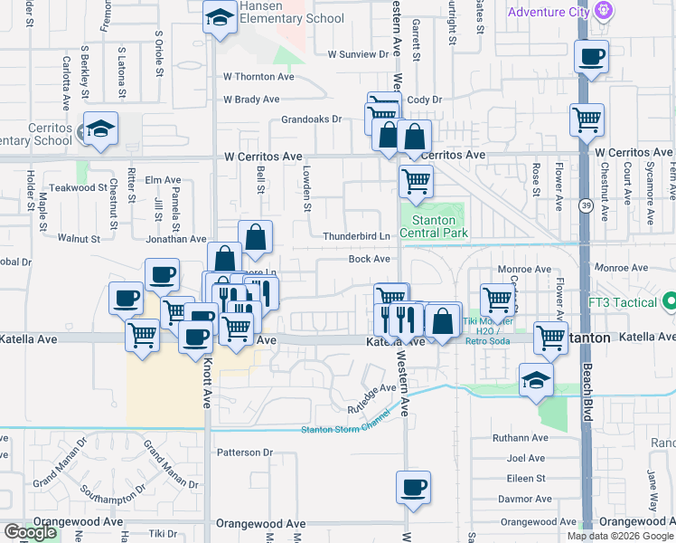 map of restaurants, bars, coffee shops, grocery stores, and more near 10820 Hamden Avenue in Stanton