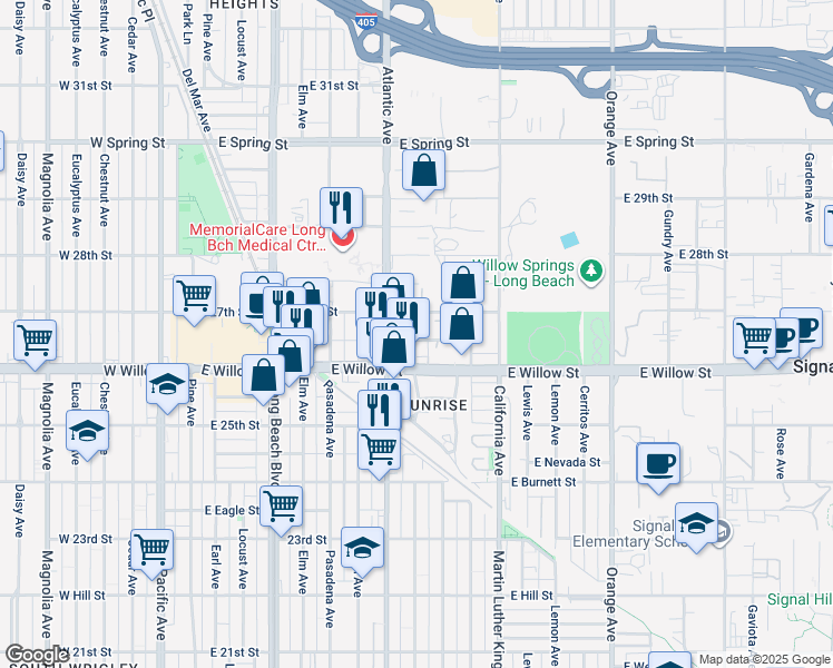 map of restaurants, bars, coffee shops, grocery stores, and more near 707 East Walton Street in Signal Hill