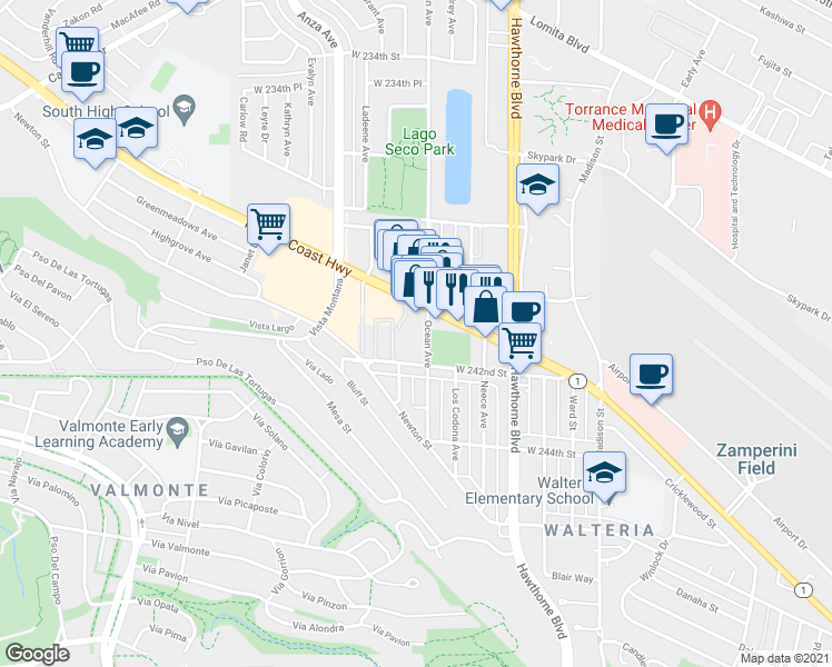 map of restaurants, bars, coffee shops, grocery stores, and more near 24053 Ocean Avenue in Torrance