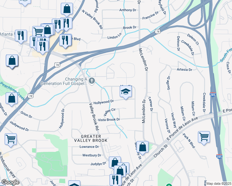 map of restaurants, bars, coffee shops, grocery stores, and more near 925 Brookdale Place in Decatur