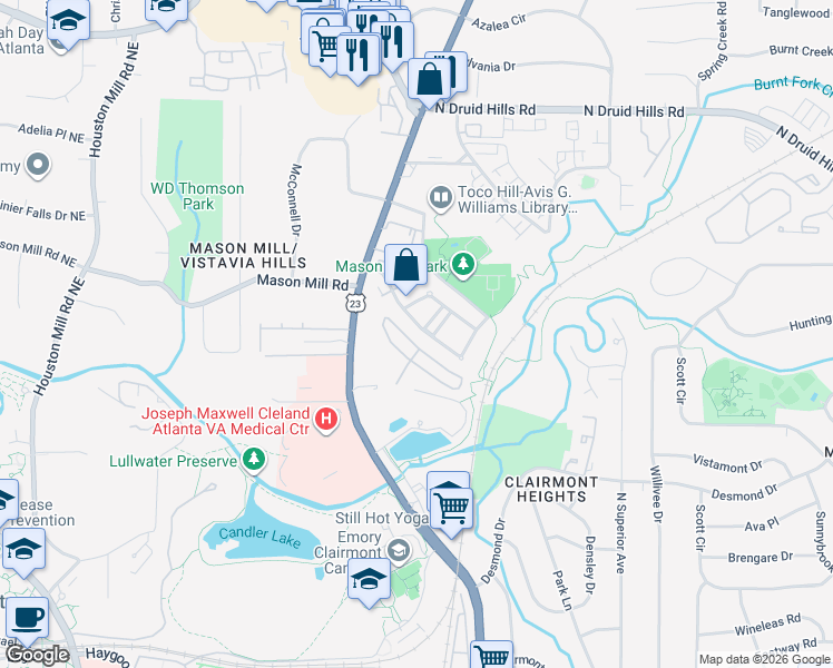 map of restaurants, bars, coffee shops, grocery stores, and more near 1999 Mason Mill Road in Decatur