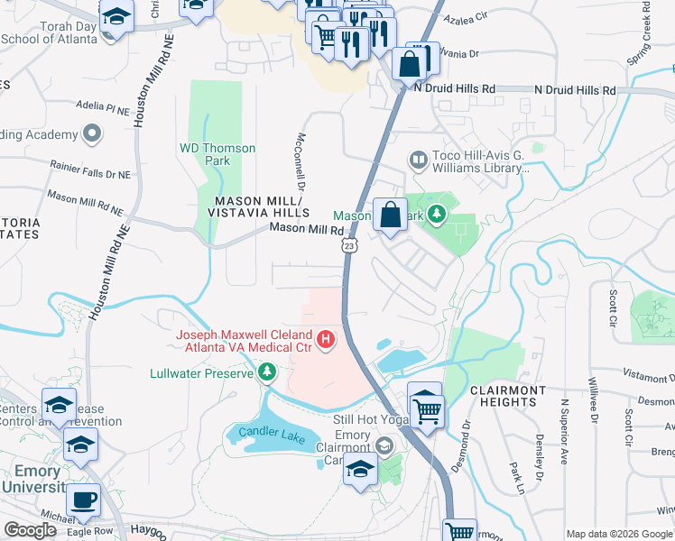 map of restaurants, bars, coffee shops, grocery stores, and more near 1750 Clairmont Road in Decatur