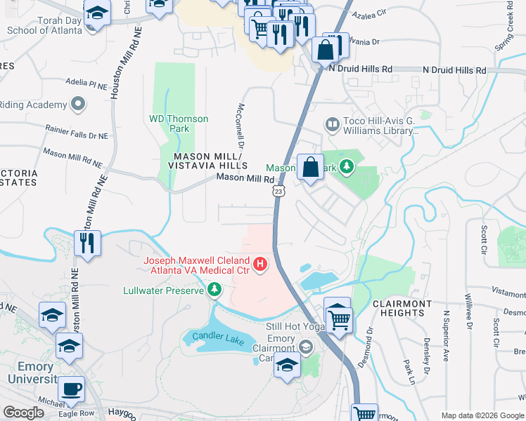 map of restaurants, bars, coffee shops, grocery stores, and more near 1917 Ridgemont Lane in Decatur