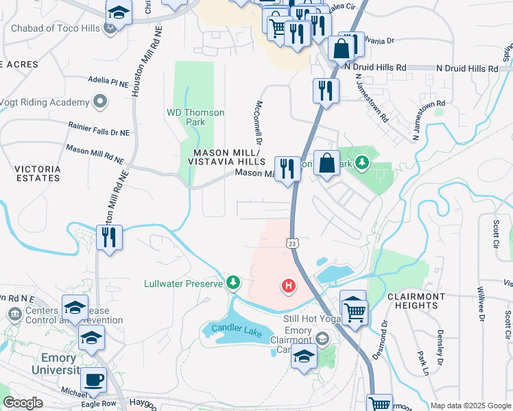 map of restaurants, bars, coffee shops, grocery stores, and more near 1877 Ridgemont Lane in Decatur
