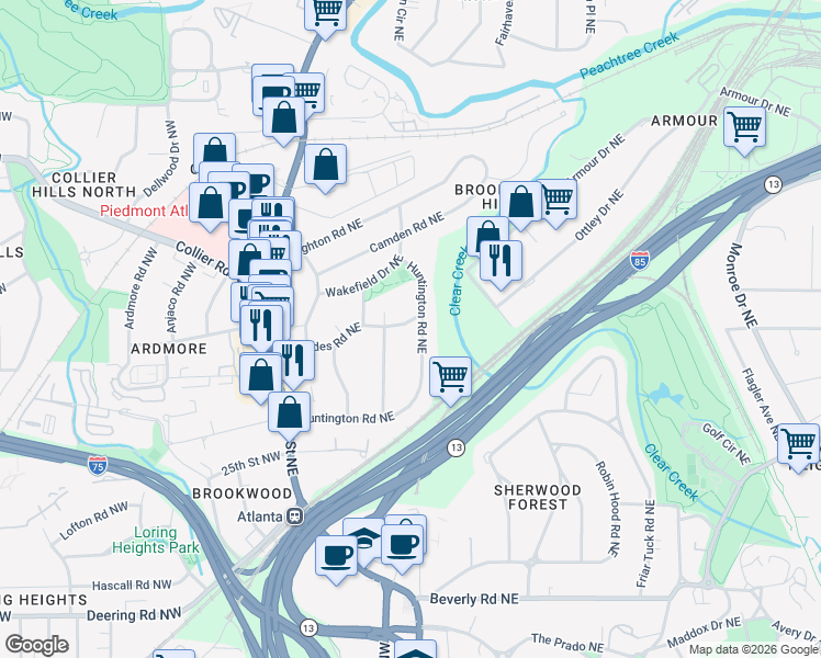 map of restaurants, bars, coffee shops, grocery stores, and more near 115 Palisades Road Northeast in Atlanta