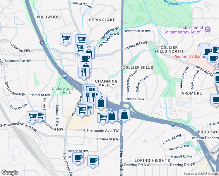 map of restaurants, bars, coffee shops, grocery stores, and more near 648 Channing Drive Northwest in Atlanta