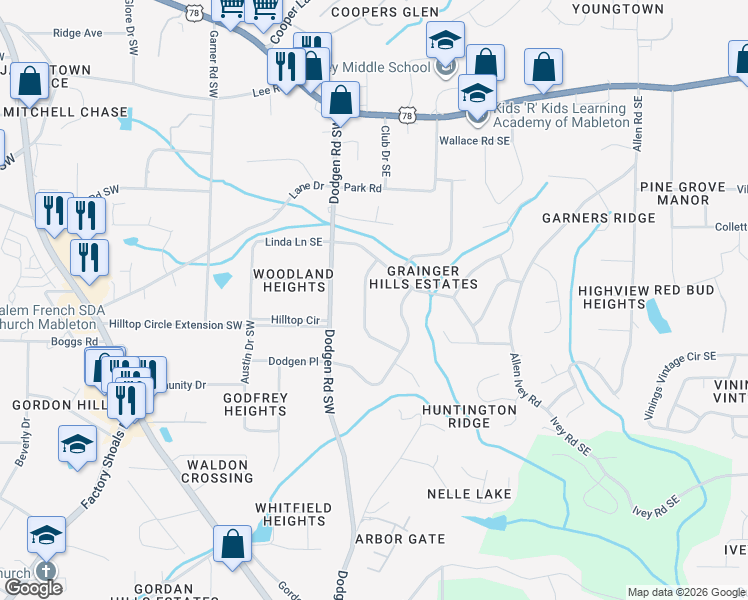 map of restaurants, bars, coffee shops, grocery stores, and more near 6074 Venetian Way Southeast in Mableton