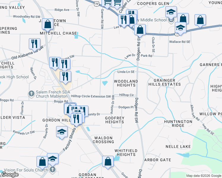 map of restaurants, bars, coffee shops, grocery stores, and more near 6080 Austin Drive Southwest in Mableton