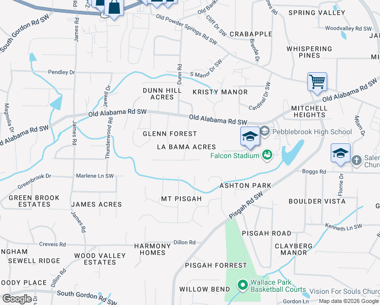 map of restaurants, bars, coffee shops, grocery stores, and more near 6099 Labama Drive in Mableton