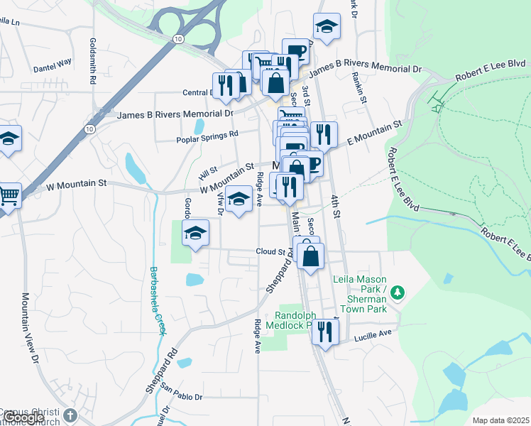map of restaurants, bars, coffee shops, grocery stores, and more near 5301 Mimosa Drive in Stone Mountain