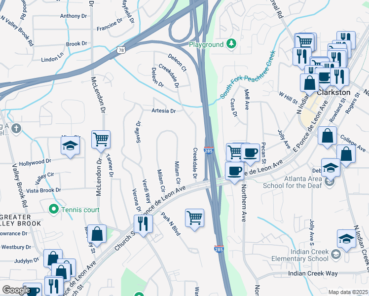 map of restaurants, bars, coffee shops, grocery stores, and more near 940 Creekdale Drive in Clarkston