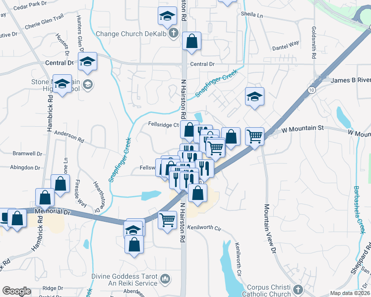 map of restaurants, bars, coffee shops, grocery stores, and more near 977 North Hairston Road in Stone Mountain