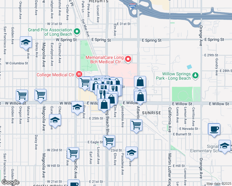 map of restaurants, bars, coffee shops, grocery stores, and more near 2650 Elm Avenue in Long Beach