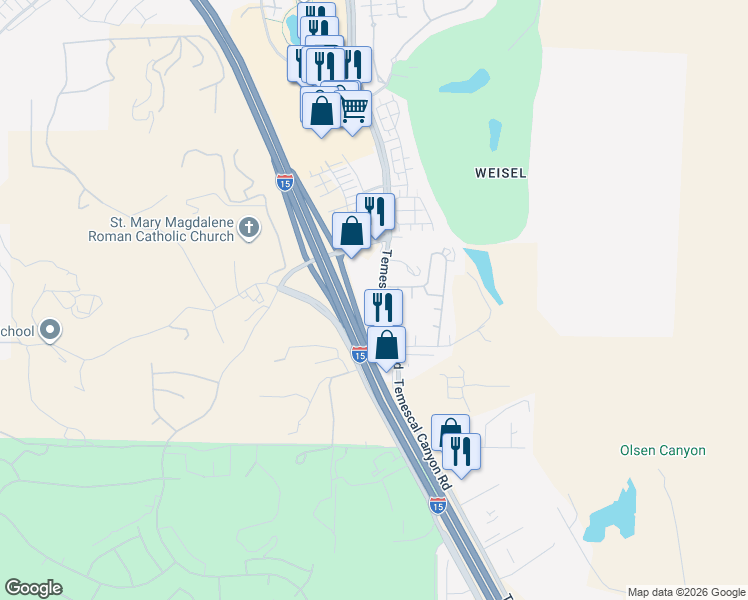 map of restaurants, bars, coffee shops, grocery stores, and more near 21541 Temescal Canyon Road in Corona