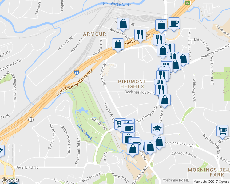 map of restaurants, bars, coffee shops, grocery stores, and more near 421 Rock Springs Road Northeast in Atlanta