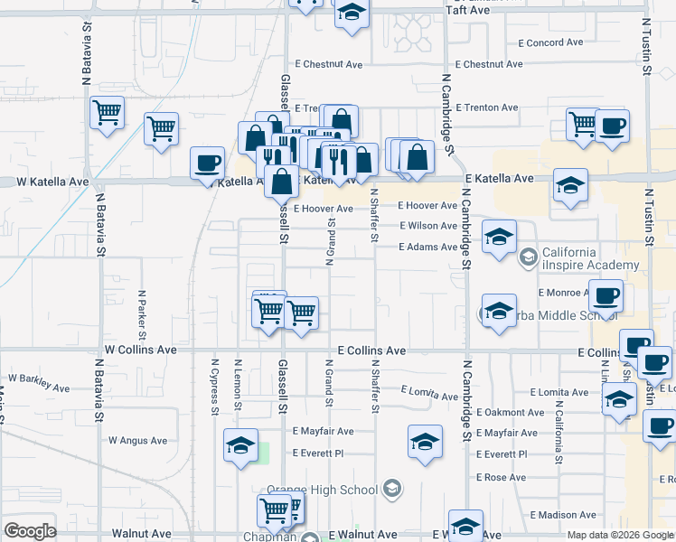 map of restaurants, bars, coffee shops, grocery stores, and more near 315 East Jackson Avenue in Orange