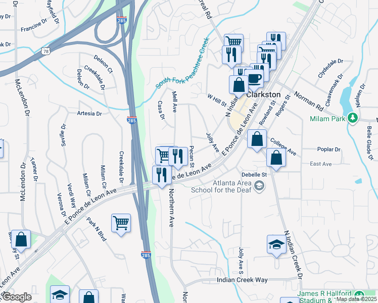 map of restaurants, bars, coffee shops, grocery stores, and more near 930 Pecan Street in Clarkston
