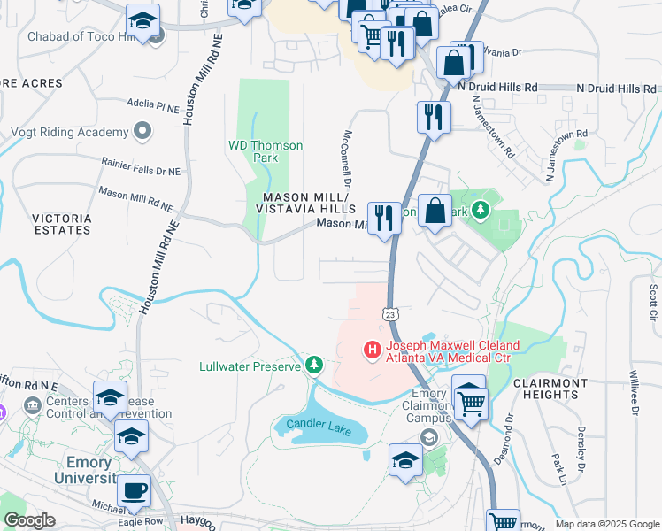 map of restaurants, bars, coffee shops, grocery stores, and more near 1877 Ridgemont Lane in Decatur