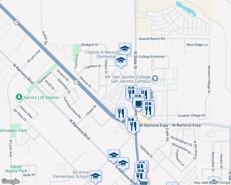 map of restaurants, bars, coffee shops, grocery stores, and more near 1406 Country Club Drive in San Jacinto