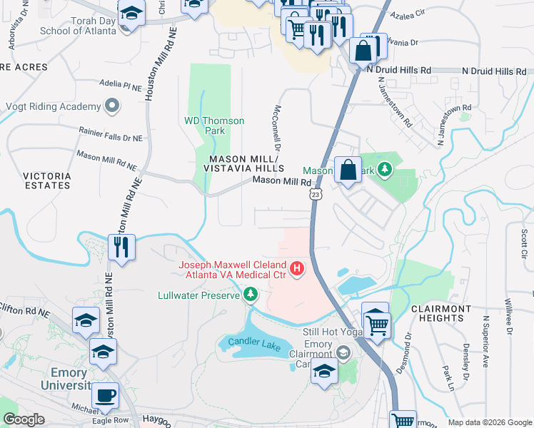 map of restaurants, bars, coffee shops, grocery stores, and more near 1877 Ridgemont Lane in Decatur