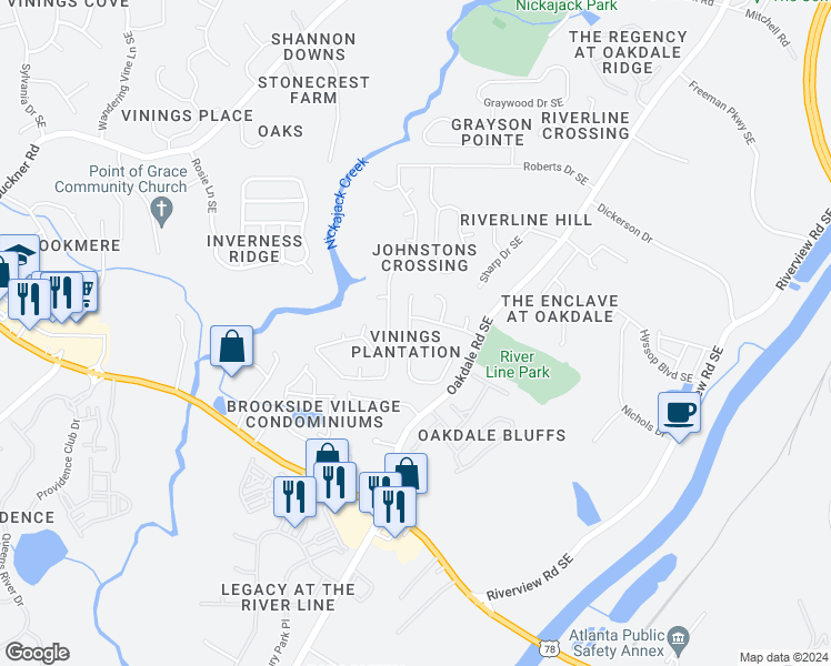 map of restaurants, bars, coffee shops, grocery stores, and more near 6138 Farmwood Way Southeast in Mableton