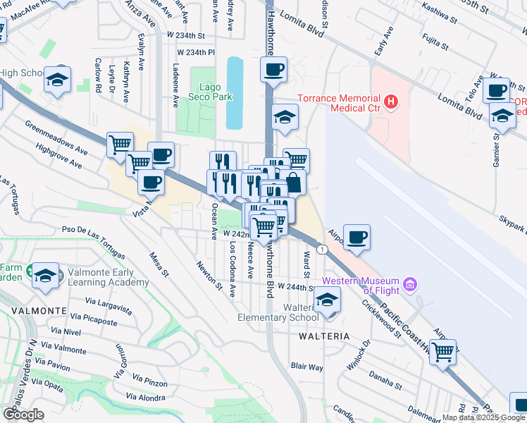 map of restaurants, bars, coffee shops, grocery stores, and more near 24043 Hawthorne Boulevard in Torrance