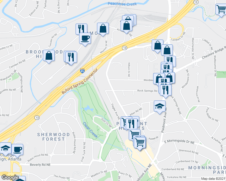 map of restaurants, bars, coffee shops, grocery stores, and more near Monroe Dr NE & Rock Springs Rd NE in Atlanta