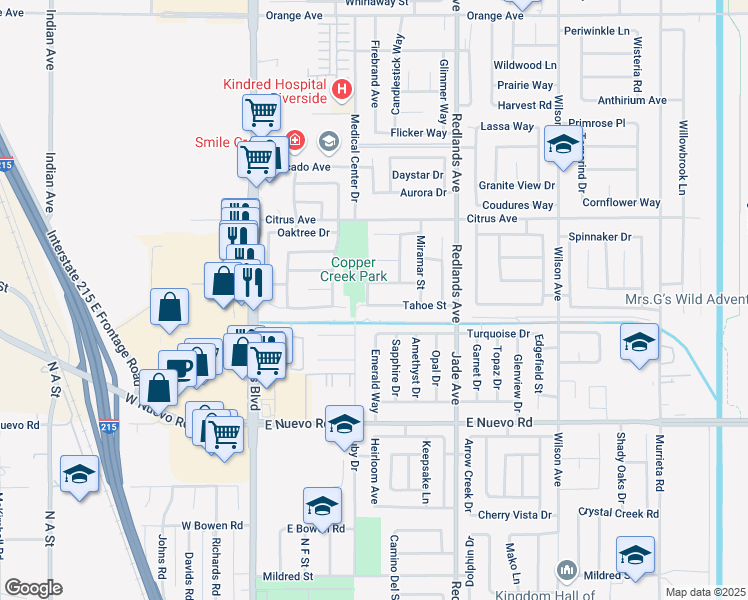 map of restaurants, bars, coffee shops, grocery stores, and more near 184 Tahoe Street in Perris